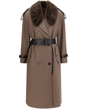 Burberry Long Cotton Trench Coat With Buffalo Leather Collar - Brown