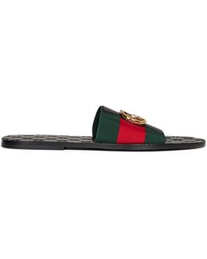 Gucci Web And Leather Riviera Slide Sandals - White