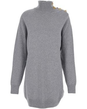 Balmain Dress With High Neck And Metallic Logo Buttons - Gray