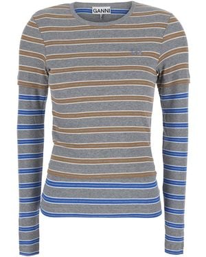 Ganni Long Sleeve Mesh Top With Double-Layer Front - Blue