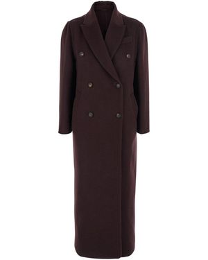 トレンチコート Brunello Cucinelli Brown Double-Breasted Coat With Peak BRUNELLO CUCINELLI Double-Breasted Shearling-Trimmed Leather