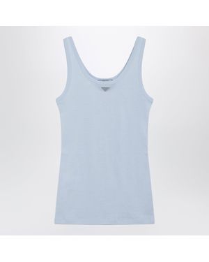 Prada Ribbed Cotton Top With Triangle Logo - Blue