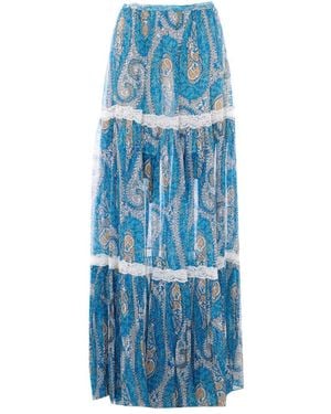 Etro Paisley Foliage Pattern Silk Crepon Long Skirt - Blue