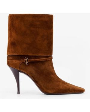 Saint Laurent Suede Stiletto Boots With Metal Monogram - Brown