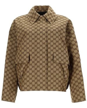 Gucci Jacket With Classic Collar And All-Over Gg Motif - Brown