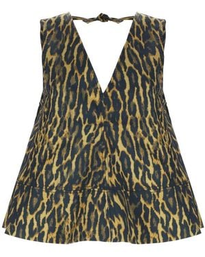 Ganni Leopard Animal Print V Neck Top - Green