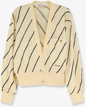 Versace Wool Blend Cardigan With Striped Detail - Natural