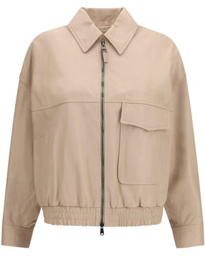 Brunello Cucinelli Glossy Nappa Jacket With Monili - Natural