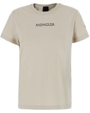 Moncler Crew Neck T-Shirt With Logo Lettering On The Front And Logo Patch On The Sleeve - White