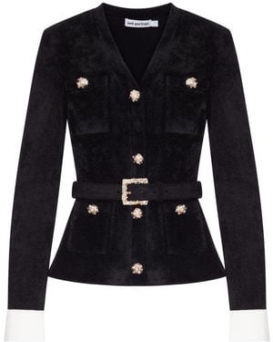 Self-Portrait Velvet Jacket With Jewel Buttons And Belt - Black