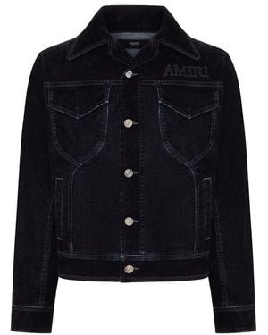 Amiri Flocked Denim Jacket With Embroidered Logo And Metal Buttons - Blue