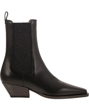 Brunello Cucinelli Classic Leather Chelsea Boot With Precious Block Heels - Black