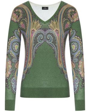 Etro Silk And Cashmere V-Neck Sweater With Placed Paisley Print - Green