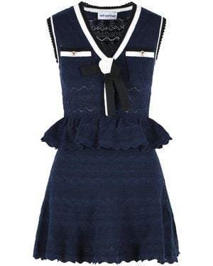 Self-Portrait Self Portrait Cotton Blend Openwork Knit Mini Dress - Blue