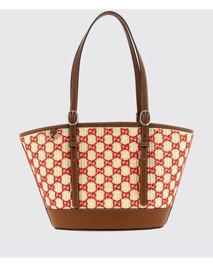 Gucci Raffia Shoulder Bag With Embroidered Gg Monogram And Double Handles - Pink