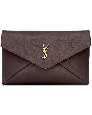 Saint Laurent Cassandre Large Lambskin Envelope Pouch - Brown