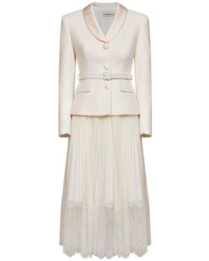 Self-Portrait Self Portrait Cream Georgette And Bouclé Belted Midi Dress - White