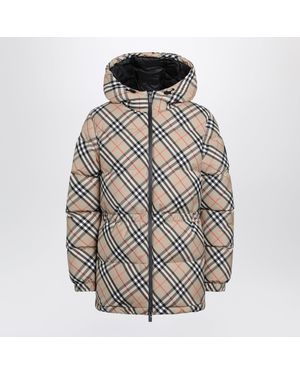 Burberry Hooded Check Nylon Puffer Jacket - Natural