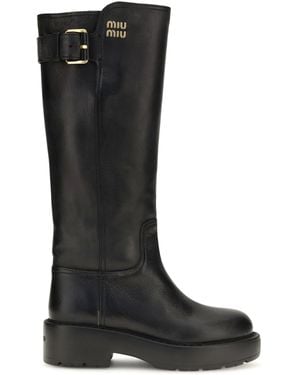 Miu Miu Leather Knee-High Boots With Buckle Detail - Black