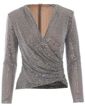 Self-Portrait Self Portrait Rhinestone Mesh Long Sleeves Top - Gray