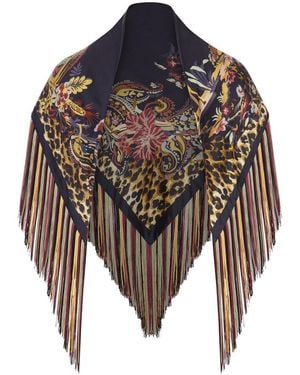 Etro Printed Silk Scarf With Multicolored Fringe - Black
