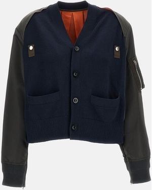 Sacai Nylon Twill X Cotton Knit Cardigan - Blue