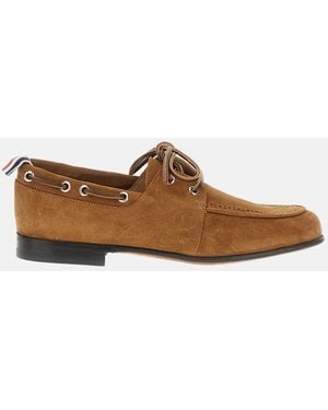 Thom Browne Premium Suede Boat Shoes With 360° Lacing And Grosgrain Detailing - Brown