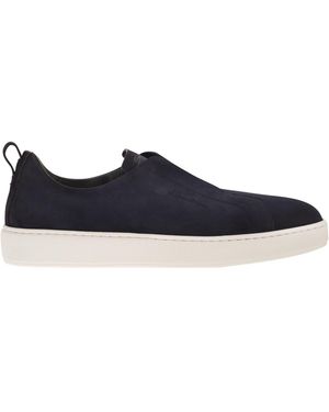 Santoni Suede Leather Slip-On Sneakers With Rubber Sole - Blue