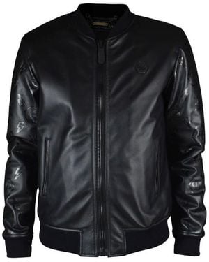 Philipp Plein Leather Bomber Jacket - Black