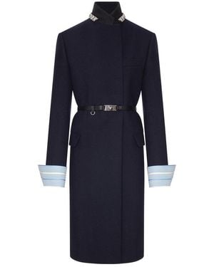 Prada Long Wool Coat With Belt And Jewel Collar - Blue