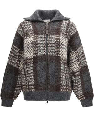 Brunello Cucinelli Checked Wool Zip Cardigan - Gray