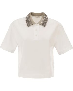 Brunello Cucinelli Cotton Jersey Polo Shirt With Dazzling Knit Collar - White