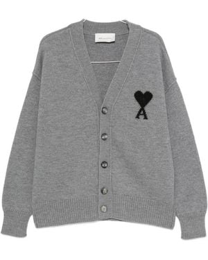 Ami Paris Ami De Coeur Wool Cardigan - Gray