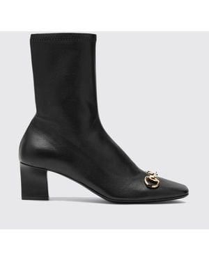 Gucci Signora Stretch Leather Ankle Boots With Horsebit And Block Heel - Black