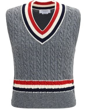 Thom Browne Cable-Knit Cricket V-Neck Vest - Gray