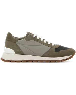 Brunello Cucinelli Dove Suede And Fabric Sneakers - Gray
