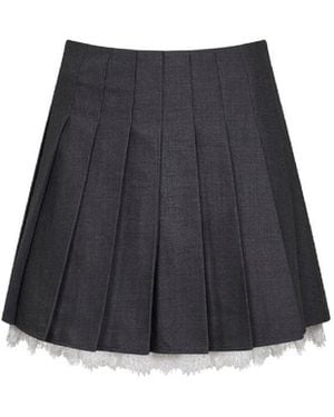 Self-Portrait Wool Blend Pleated Mini Skirt With Lace Insert - Black