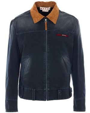 Marni Canvas Jacket With Contrasting Collar And Logo - Blue