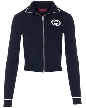 Gucci Ribbed Jacket With Zip And Gg Intarsia - Blue