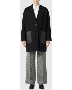 Gucci Wool Coat With Leather Patch Pockets - Black
