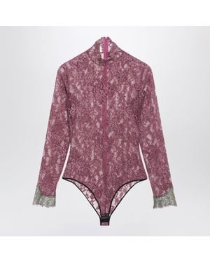 Valentino Burgundy Lace Bodysuit With Contrasting Cuffs - Purple