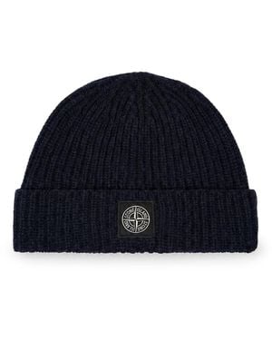 Stone Island Ribbed Knit Beanie With Compass Logo Patch - Blue