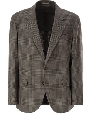 Brunello Cucinelli Prince Of Wales Wool And Cashmere Blazer With Tailored Construction - Black