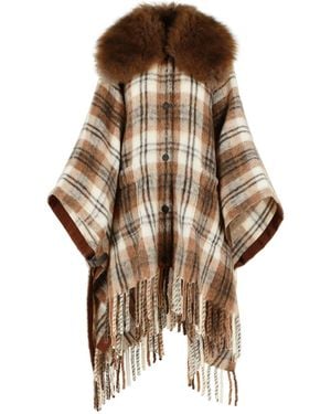 Moncler Wool Blend Cape With And Shearling, Mohair And Alpaca Collar - Natural