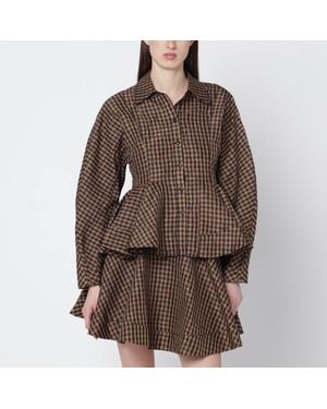 Ganni Gingham Peplum Shirt - Brown
