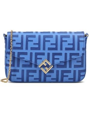 Fendi Ff Diamonds Leather Wallet On Chain - Blue