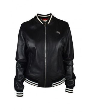 Philipp Plein Leather Bomber Jacket With Heart - Black