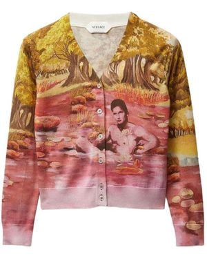 Versace "The Naturist" Print Silk Knit Cardigan - Red