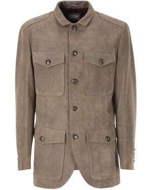 Brunello Cucinelli Suede Leather Safari Jacket With Patch Pockets - Brown