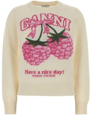Ganni Ivory Wool Blend Sweater - Pink